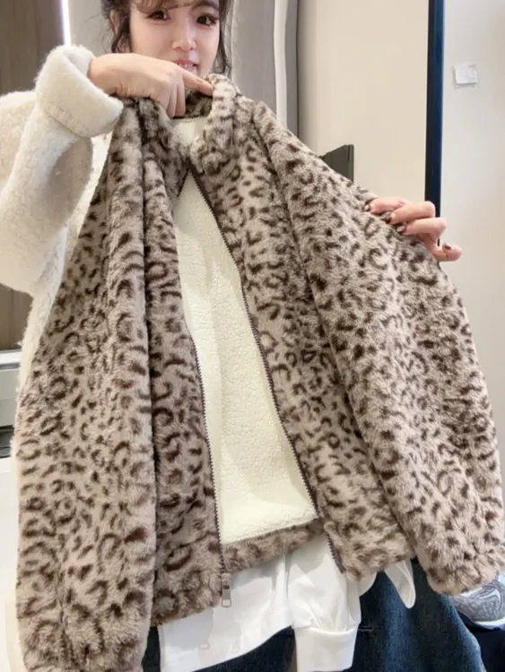 冬季豹纹加绒外套男女童秋冬厚款百搭洋气中大童