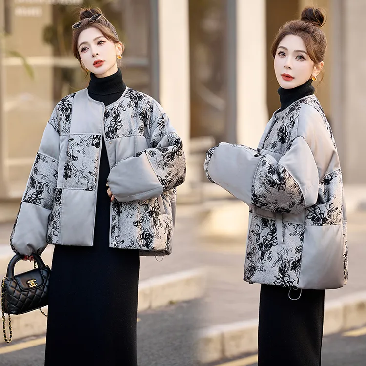 新中式g风提花拼接保暖羽绒服女冬季新款水墨画宽松加厚外套
