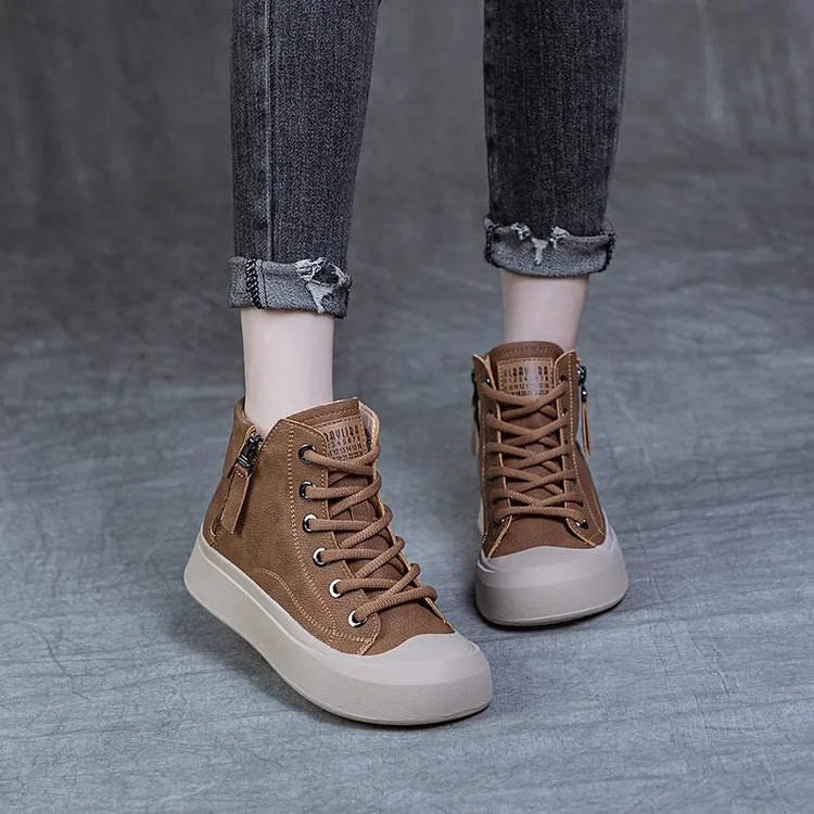 【JTG&SHOES 官方】真皮鞋子女2025新款秋高帮板鞋大码女鞋软底短靴