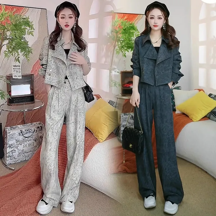 时尚套装女2025春季新款洋气显瘦扎染短款外套阔腿裤减龄两件套潮