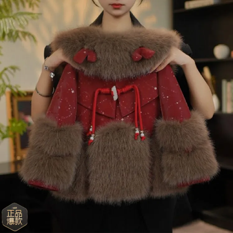 女童红色拜年服2024新款时尚加厚派克服棉衣儿童中国风棉服潮