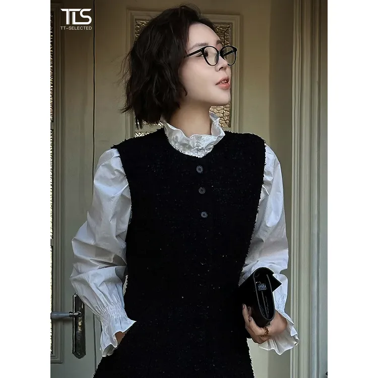 TT【珍珠女孩】100%精梳棉定制法式立领花边褶皱长袖衬衫CS6001