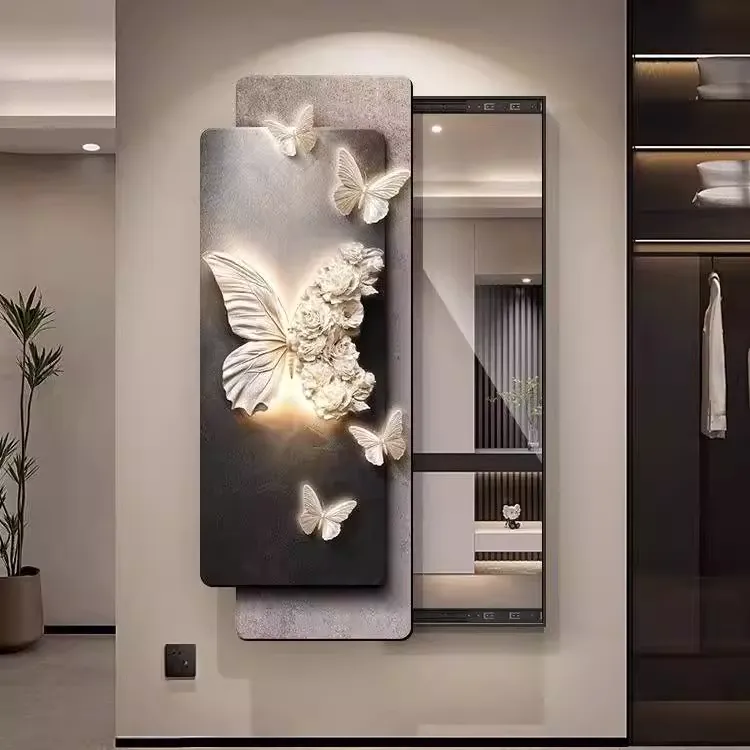 轻奢蝴蝶推拉穿衣镜玄关镜子装饰画入户门暗藏式全身镜卧室壁饰画