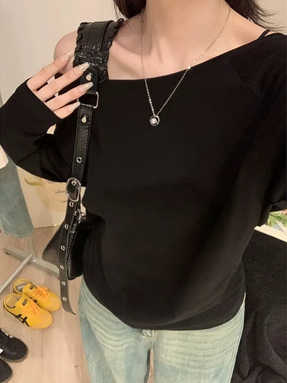 纯棉美式复古一字肩露肩纯欲风辣妹长袖T恤女春秋季新款宽松上衣