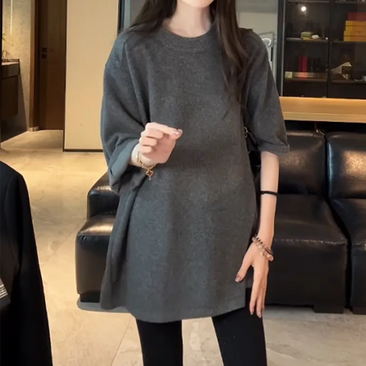 慵懒风大廓形圆领中长款T桖2025秋冬新款设计感七分袖显瘦上衣女
