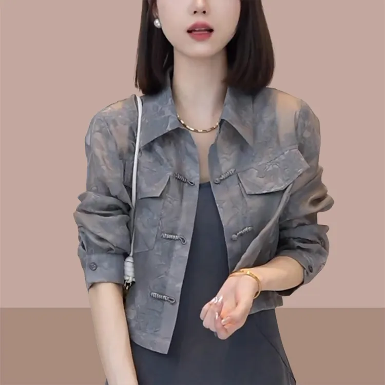 2025夏季新款女士国风盘扣长袖衬衫新中式显瘦气质百搭防晒上衣服