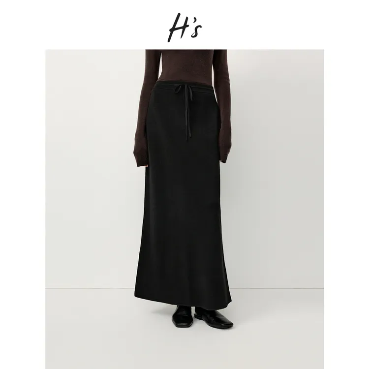 H'S黑色鱼尾半身裙女25冬新款高级设计感高腰抽绳修身