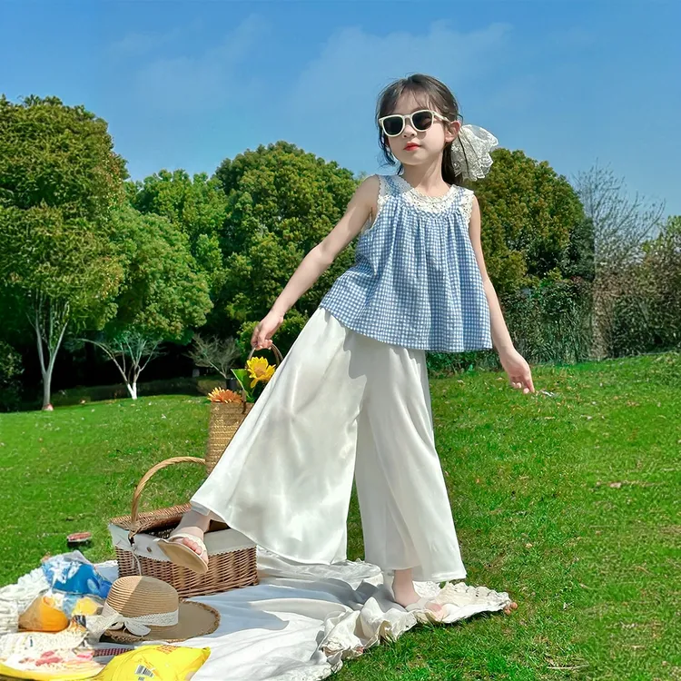 女童吊带裤子套装2025新款夏装薄款洋气女孩阔腿裤百搭九分裤套装