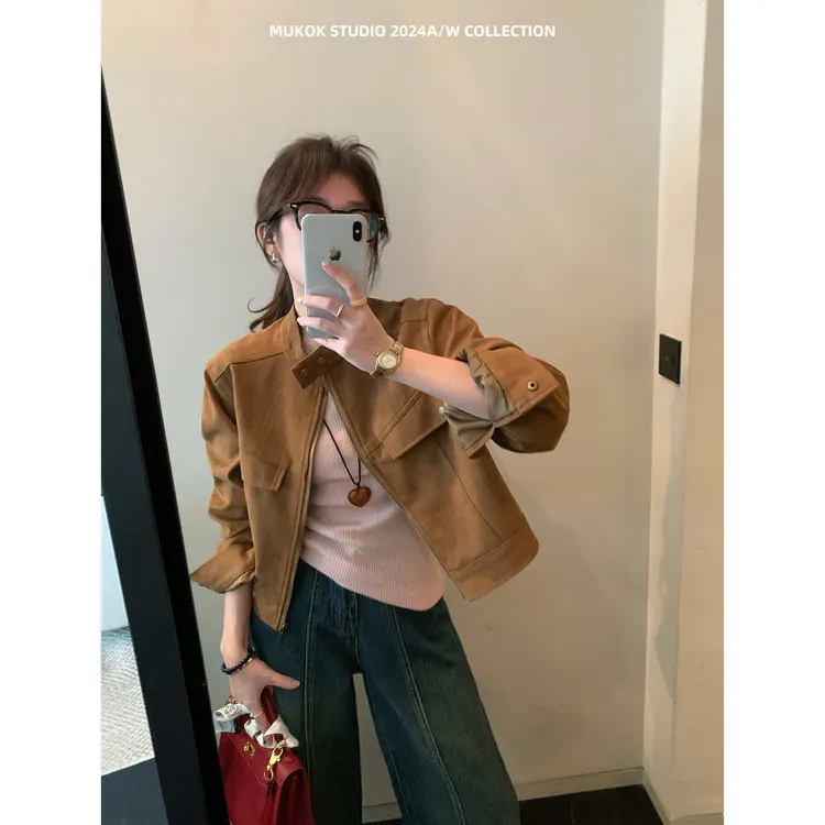 MUKOK  烟汀傍晚~小个子麂皮绒外套女秋季宽松短款夹克上衣