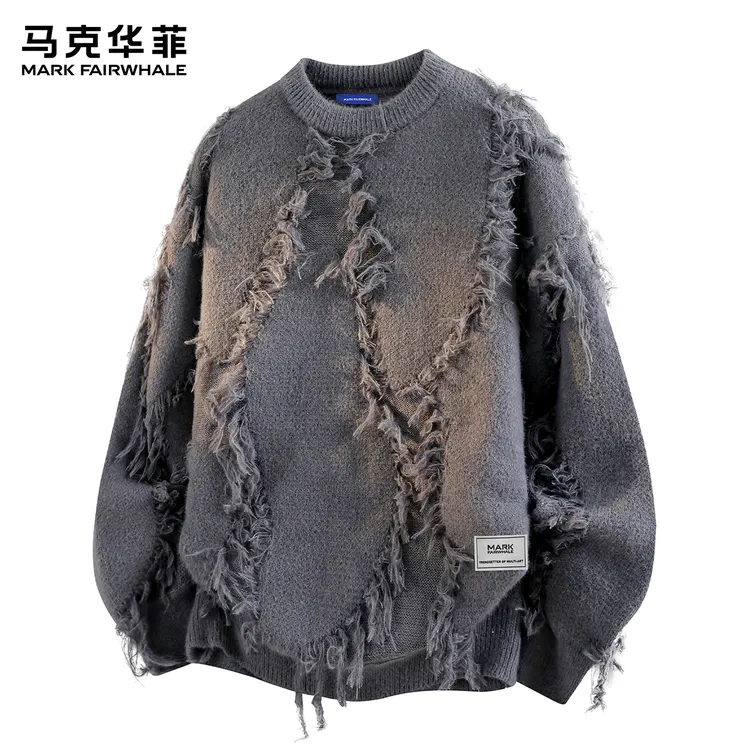 马克华菲休闲流苏圆领毛衣2025秋冬季新款潮牌宽松针织衫长袖上衣