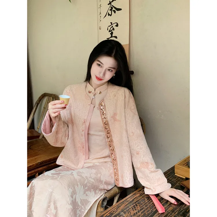 凌茜恣禾【花海】国风新中式粉提花外套温婉优雅气质高级感上衣外套