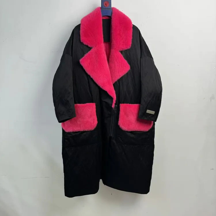 鹅绒服宝嘉美水貂皮草毛领宽松廓形长款大衣