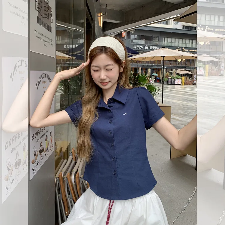 时尚蓝色蝴蝶结刺绣polo领衬衫短袖女夏季开衫纽扣显瘦遮肚子上衣