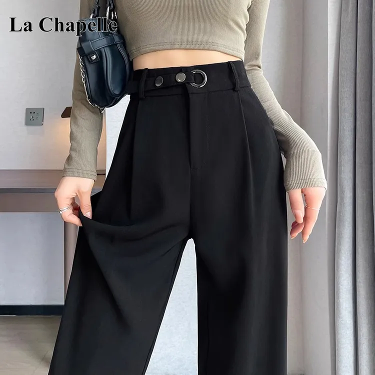 拉夏贝尔阔腿裤女高级感垂感黑色直筒裤高腰显瘦休闲小个子西装裤