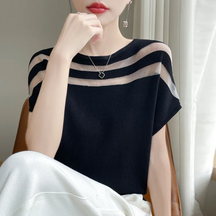 2025夏季新款圆领套头冰丝拼接欧根纱短袖女时尚气质亲肤百搭T恤
