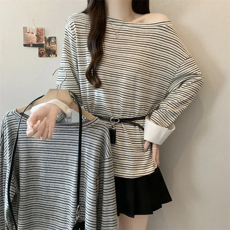 大码胖秋季韩系条纹露肩百搭拼接衬衣袖上衣韩版宽松打底中长款