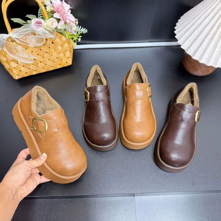 防雨勃肯鞋女皮面棉鞋毛毛鞋2025年冬季新款防滑加绒保暖乐福鞋