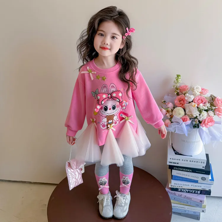 女童秋季卡通套装儿童2025新款网纱卫衣打底裤两件套女宝休闲衣服