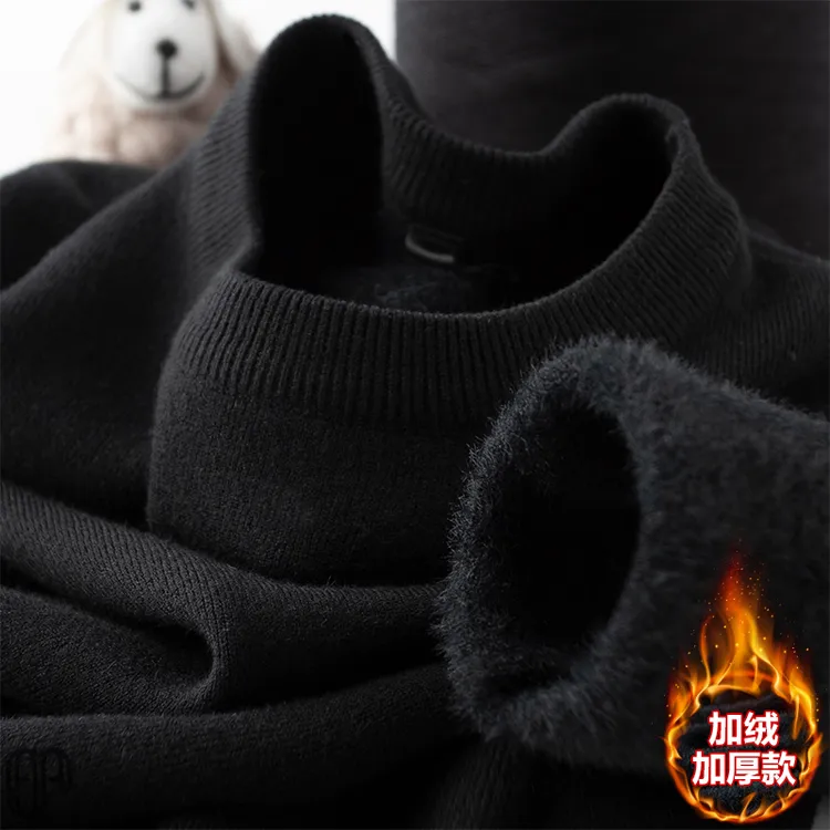 暖到了！保暖加绒加厚一体绒黑色毛衣男修身圆领打底针织衫男冬季
