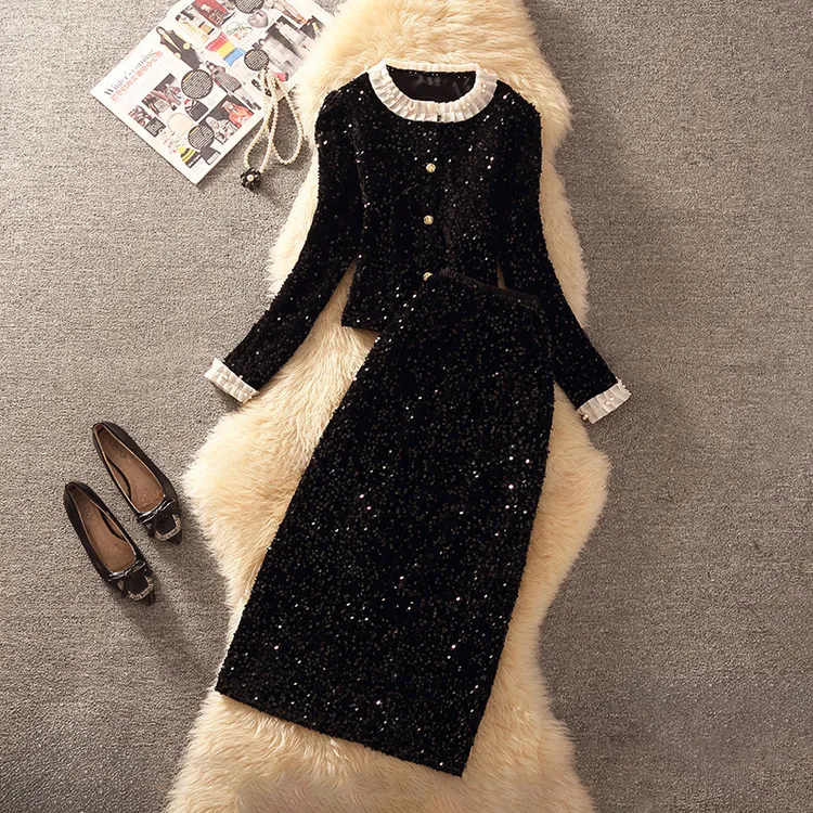 法式黑色加厚简约通勤复古气质时尚赫本风套装女装显瘦韩版洋气