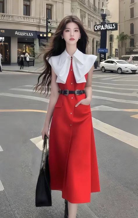 夏季新款时尚性感纯欲风红色翻领修身收腰系带连衣裙女氛围感长裙
