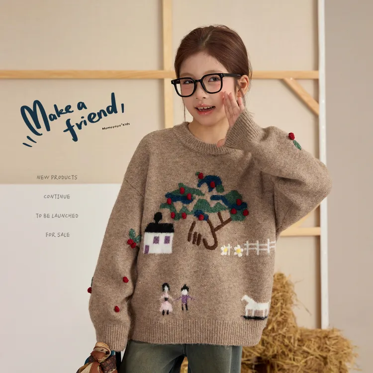辰辰妈【期许】儿童圆领冬季毛衣复古印花女童保暖针织上衣9086D
