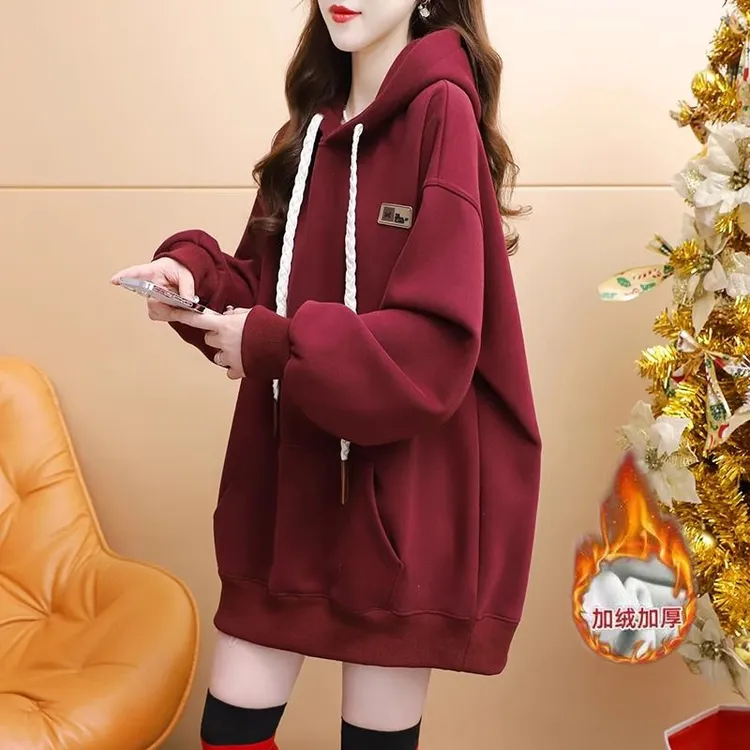 大码加绒连帽卫衣女秋冬款洋气宽松刺绣设计感胖mm显瘦上衣ins潮