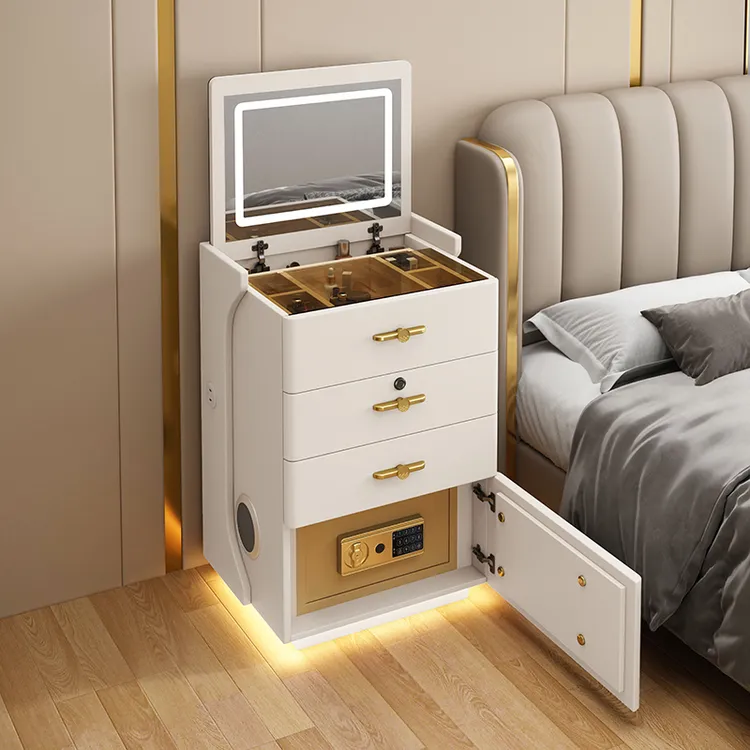智能梳妆台床头柜保险柜一体卧室翻盖小型化妆台化妆桌轻奢储物柜