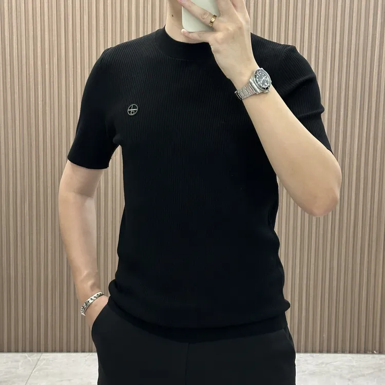 春夏新款男士轻奢短袖针织衫时尚简约纯色休闲修身圆领打底毛衣