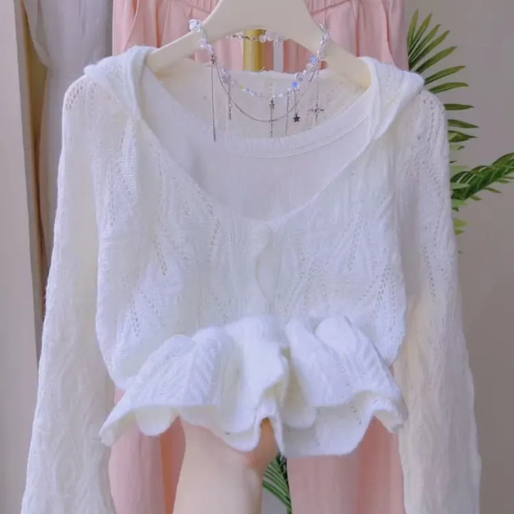 法式镂空连帽针织防晒开衫女薄款外搭罩衫夏季高级感短款上衣