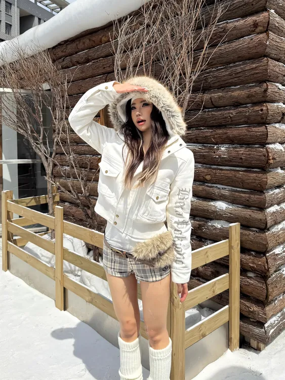 BINXLAN大毛领双门襟拉链加厚加绒高领短款街头连帽修身白棉服女