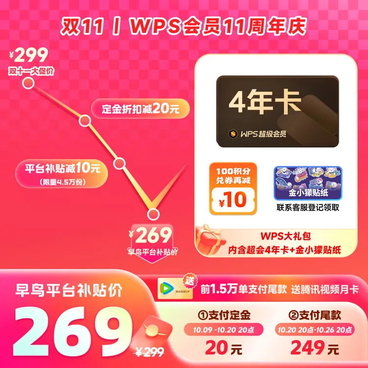WPS十一周年庆【超级会员4年卡】共48个月简历模板PDF编辑拍照扫描