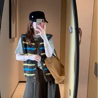 2025秋季新款韩版彩色条纹针织单排扣马甲百搭休闲无袖毛衣开衫女