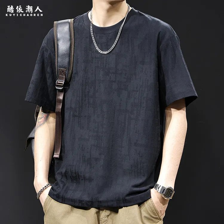 肌理感提花短袖t恤男夏季2025新款大码高端衣服潮牌男款半袖体恤
