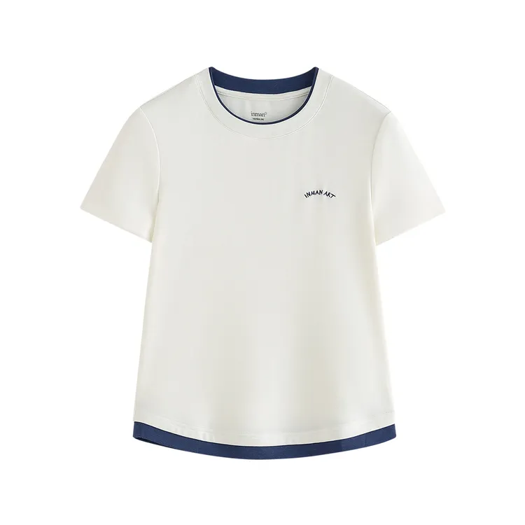 【流光风穿搭】茵曼25夏季假两件拼色圆领显瘦短袖休闲百搭短袖上衣