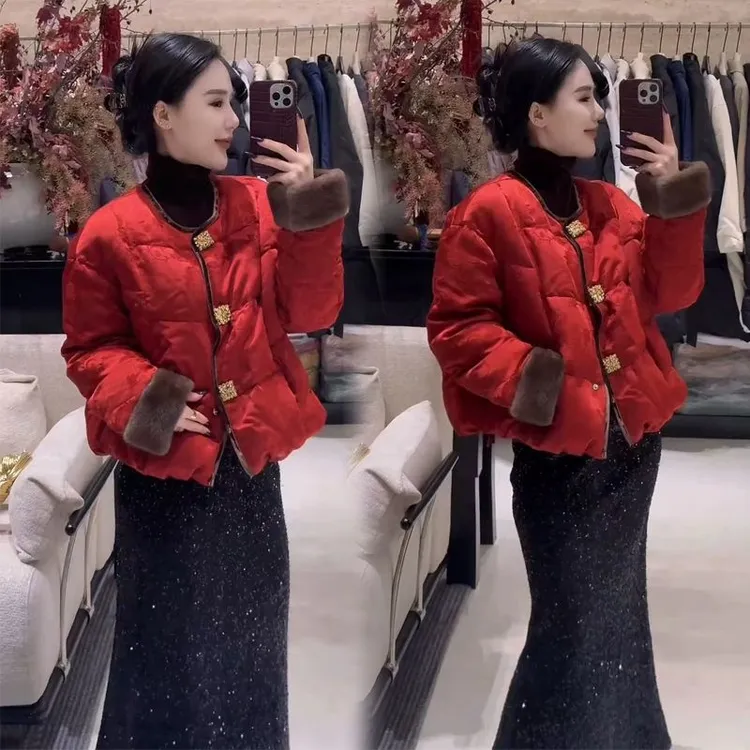 2025新年款冬季唐装中式国潮风棉服外套女圆领红色提花棉衣棉袄
