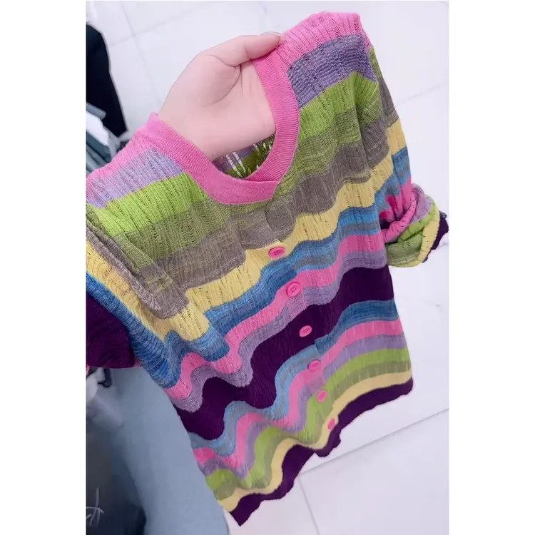 今年流行穿搭2025早秋新款温柔风彩色拼色圆领毛针织衫长袖上衣