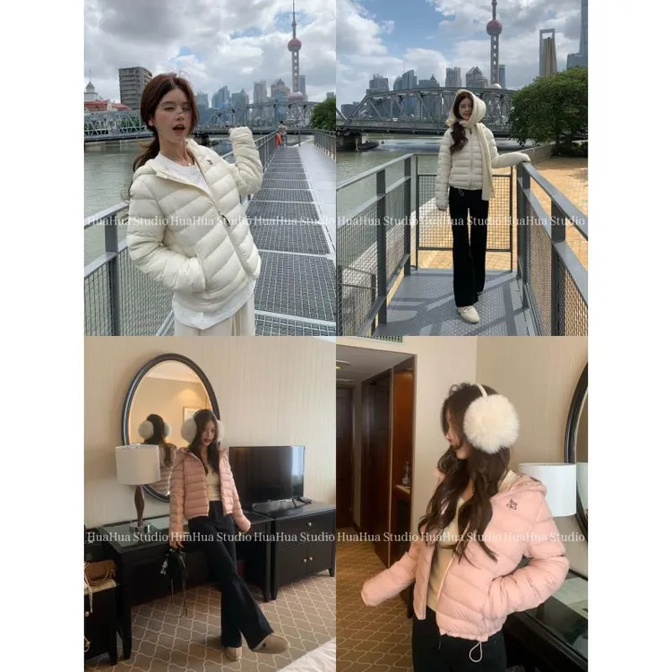 【花花】排骨羽绒服~韩系连帽短款精致字母印花轻薄保暖白鸭绒外套