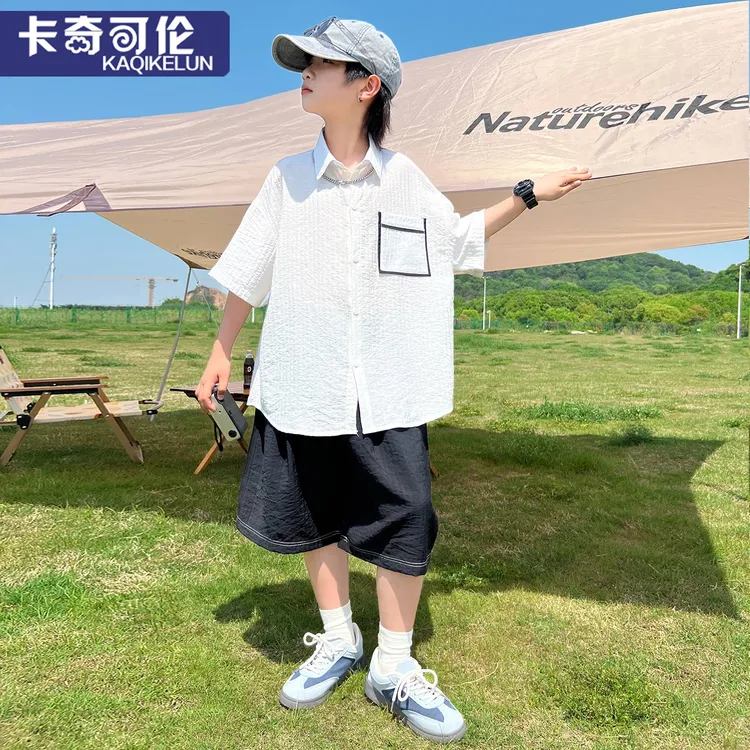 儿童夏装套装2025新款大童韩版衬衫男童薄款短袖夏季帅气炸街童装