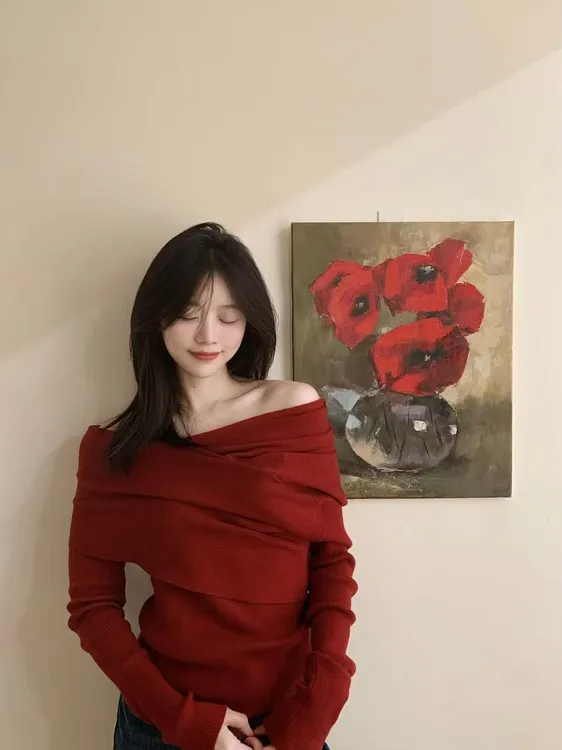 2026秋冬新款法式气质红色复古一字肩针织衫复古微喇牛仔裤两件套