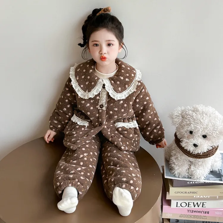 女童加厚睡衣冬季一体绒小女孩洋气碎花套装儿童加绒珊瑚绒家居服