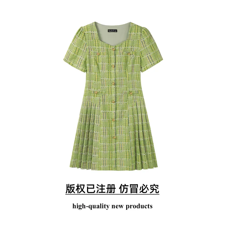 奢姿【青柠加冰】大码女装2025年夏季新款时尚复古方领百褶连衣裙子