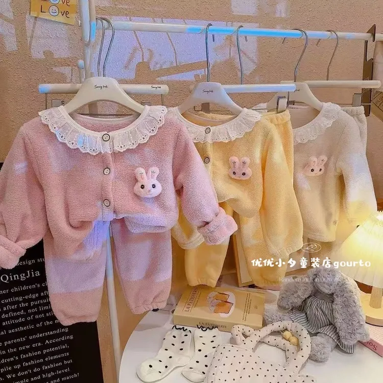 儿童睡衣半边绒秋冬款家居套装女童花边圆领女童新款宝宝加绒套装