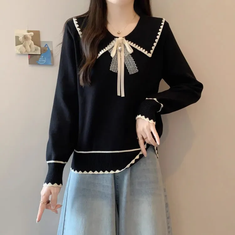 微胖大码设计感撞色娃娃领木耳边针织衫女秋冬季胖mm显瘦遮肉上衣
