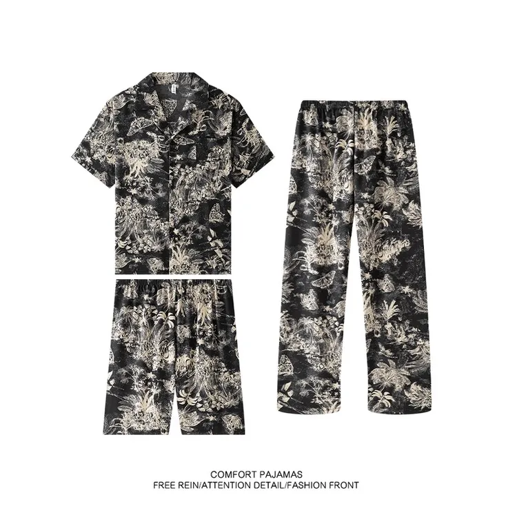 三件套睡衣男夏季冰丝短袖短裤薄款男士大码春秋家居服套装