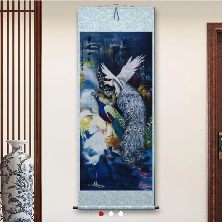 蓝孔雀国画宽65高130中式风格艺术佳作