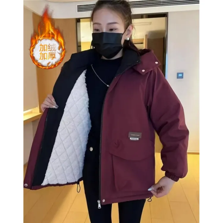 拼接连帽加绒加厚棉服外套女2025冬季新款韩版小个子保暖工装棉衣