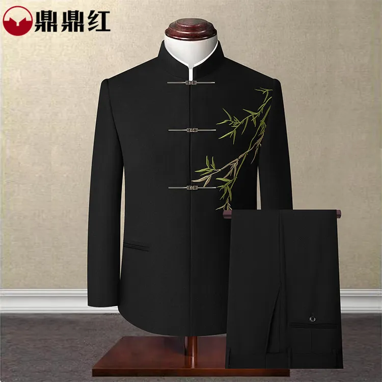 新中式男装西装套装订婚衣服竹叶刺绣成人礼服装国风立领中山唐装