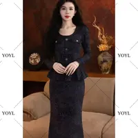 【yola】夜缕秋冬新款高级法式气质显瘦假两件鱼尾连衣裙-YL11918