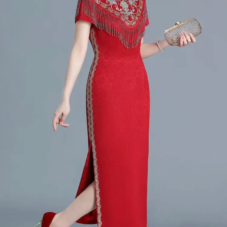 2025年秋季新爆款流苏喜婆婆旗袍礼服优雅时尚洋气修身
